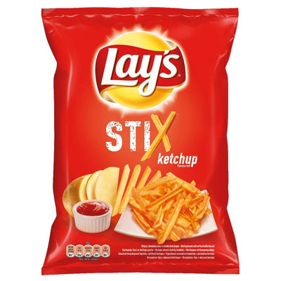 Lays - Stix Ketchup Crisps - 130g: A red bag featuring fries and the Lay's logo, these crispy sticks deliver bold, tangy ketchup flavour for a perfect crunchy snack.
