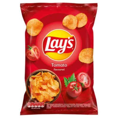 A 130g bag of Lays Tomato Crisps, featuring bold tomato flavor with savory spices and packaging that shows crispy chips and ripe tomatoes.