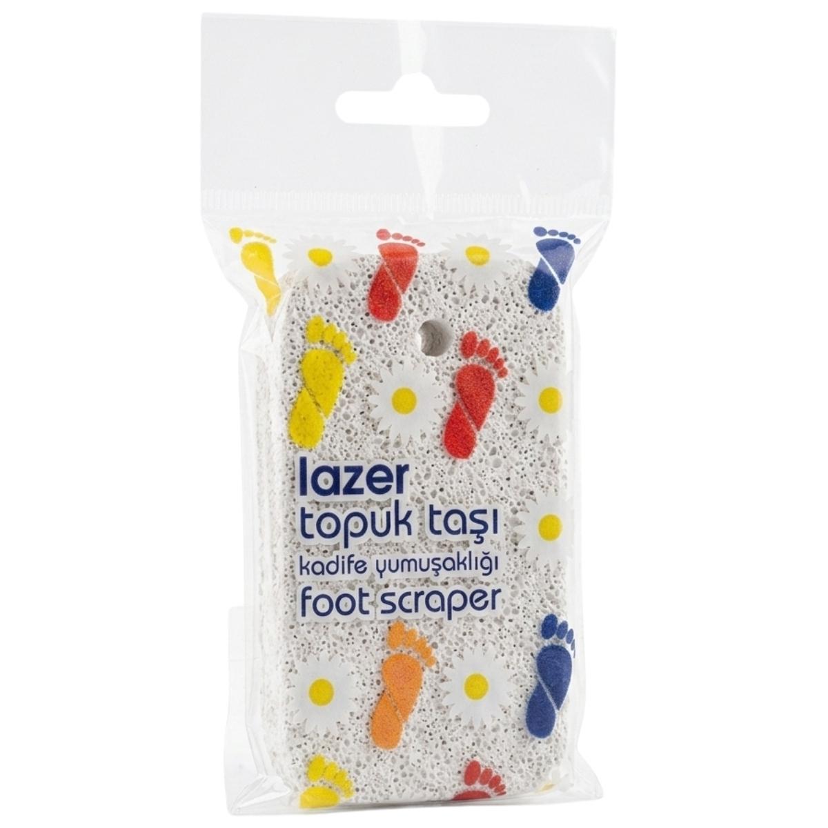 The Lazer - Foot Scraper - 1Pcs is a packaged pumice stone with colorful foot and flower designs, labeled in Turkish and English.