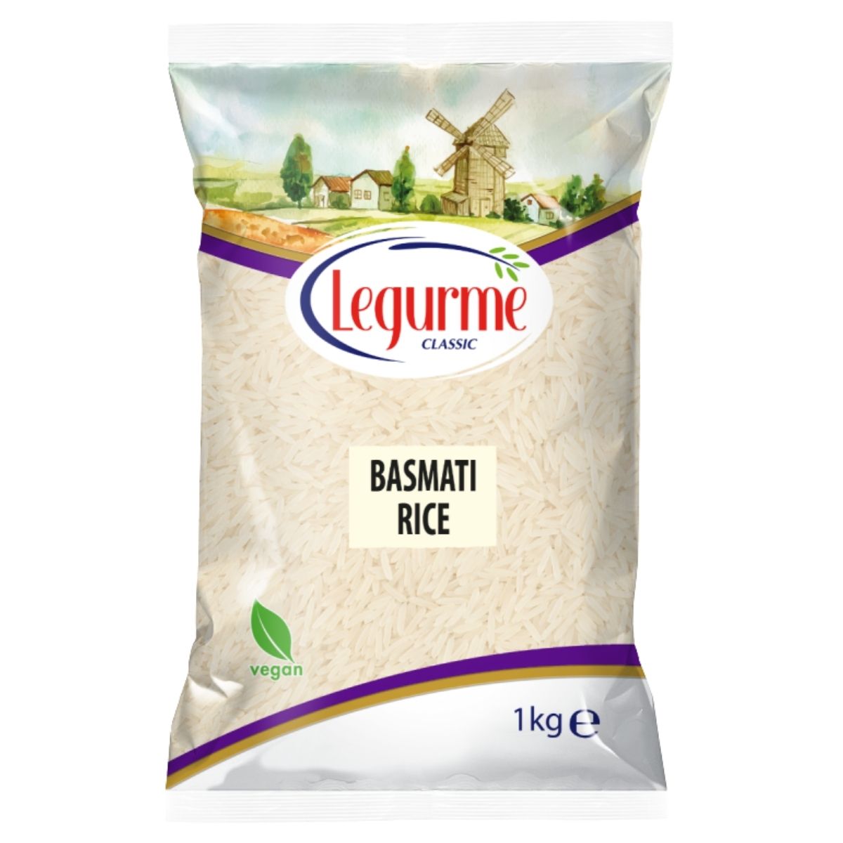 Bag of Legurme Basmati Rice with a scenic label on a white background