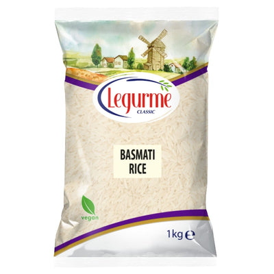 Bag of Legurme Basmati Rice with a scenic label on a white background