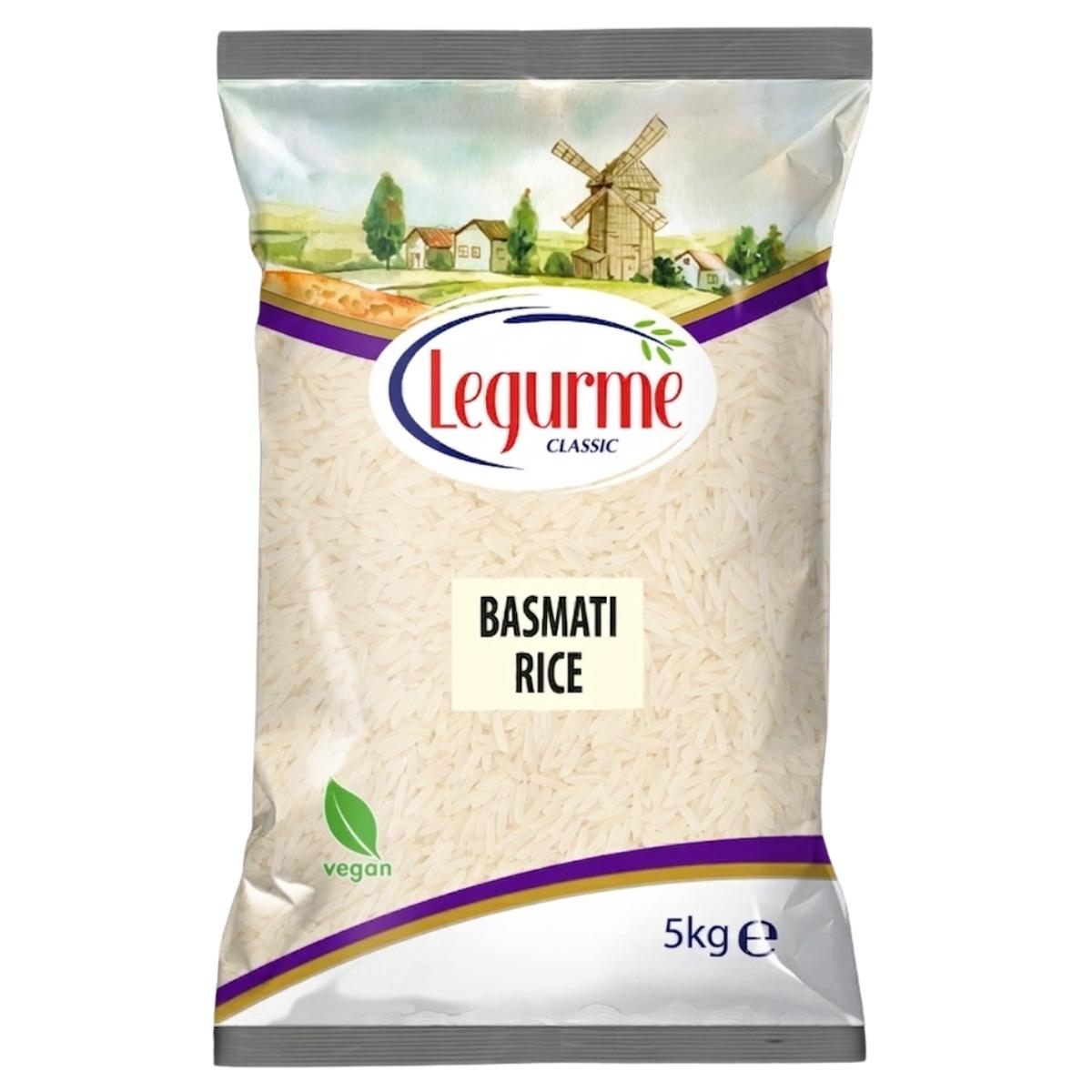 Legurme Basmati Rice 5kg, a vegan product, comes in packaging with windmill and countryside illustrations. Enjoy this premium long-grain rice from Legurme, ideal for various dishes.