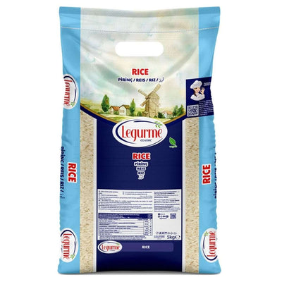 A 5kg bag of Legurme Basmati Rice from Legurme, featuring blue packaging, nutritional details, and a windmill illustration on the front.