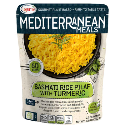 A 250g packet of Legurme Basmati Rice Pilaf With Turmeric features aromatic rice. The front shows a bowl of golden turmeric rice and highlights details about this flavorful Legurme basmati rice dish.