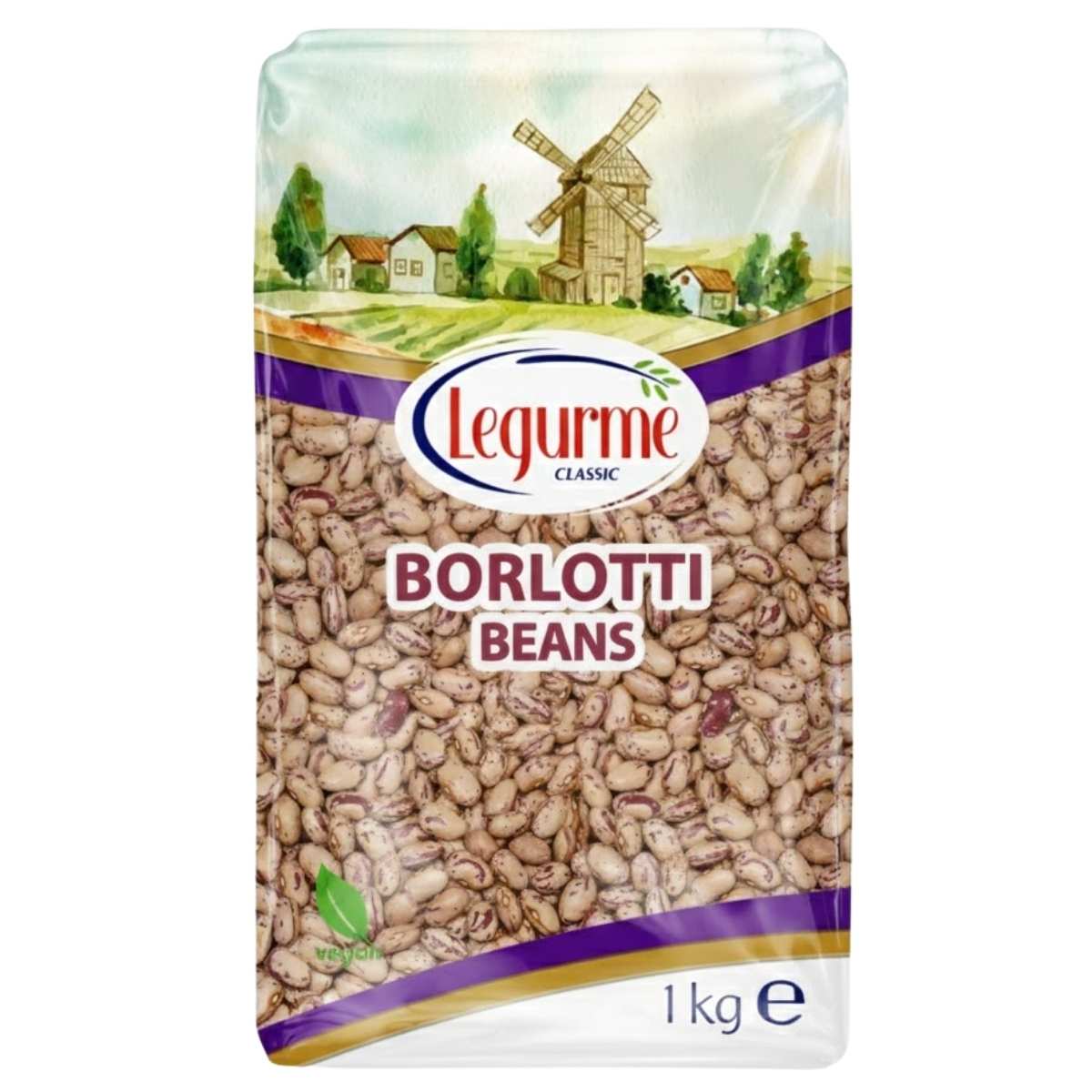 Packaging of Legurme 1Kg Borlotti Beans with a scenic design on a white background