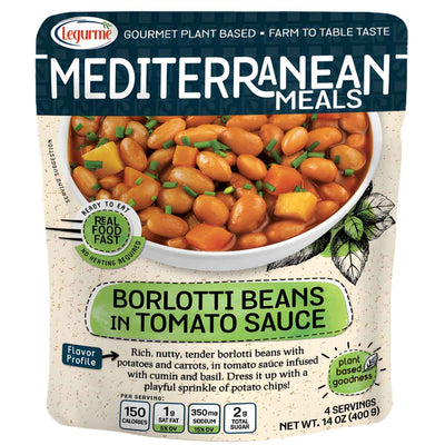 A 400g pack of Legurme Borlotti Beans in Tomato Sauce features a bowl of beans in rich tomato sauce with herbs, plus nutritional and flavor details on the front.