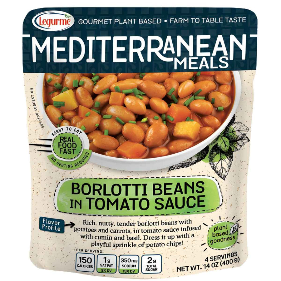A 400g pack of Legurme Borlotti Beans in Tomato Sauce features a bowl of beans in rich tomato sauce with herbs, plus nutritional and flavor details on the front.