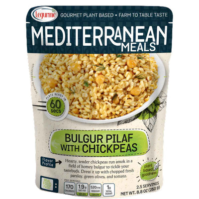 A 250g pack of Legurme - Bulgur Pilaf With Chickpeas, with nutrition facts and product details displayed on the front.