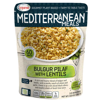 Legurme Bulgur Pilaf With Lentils, 250g—hearty Mediterranean comfort food, plant-based and ready in 60 seconds. Enjoy cooked grains in a bowl with this convenient meal from Legurme.