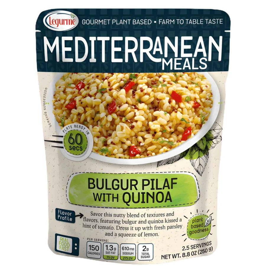 A 250g pack of Legurme Bulgur Pilaf With Quinoa, featuring product and nutrition details on the front.