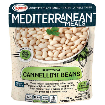 A 400g can of Legurme Cannellini Beans, ready to eat as a side or in soups, with nutritional info and a bean photo on the front.