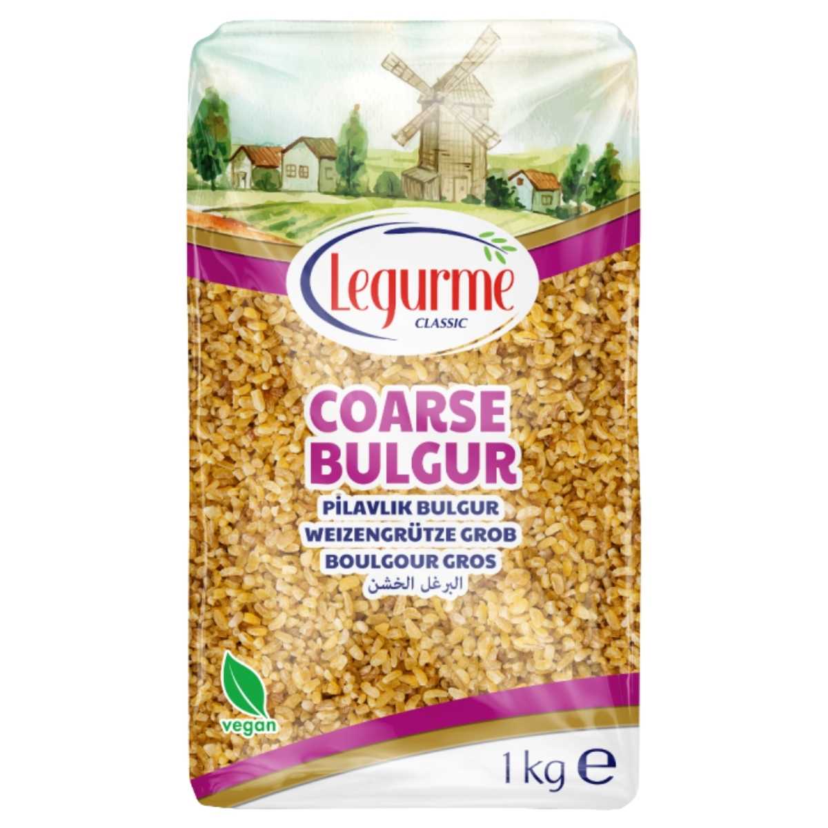 Legurme coarse bulgur package with a windmill and village illustration on a white background