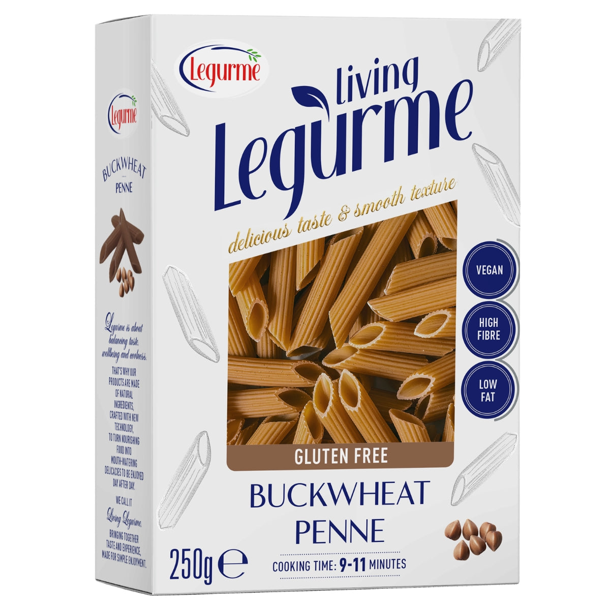 A 250g box of Legurme - Gluten Free Buckwheat Penne, a vegan, high fiber, and low fat pasta from Legurme. This high-protein penne offers a delicious alternative to traditional chickpea penne and cooks in just 9–11 minutes.
