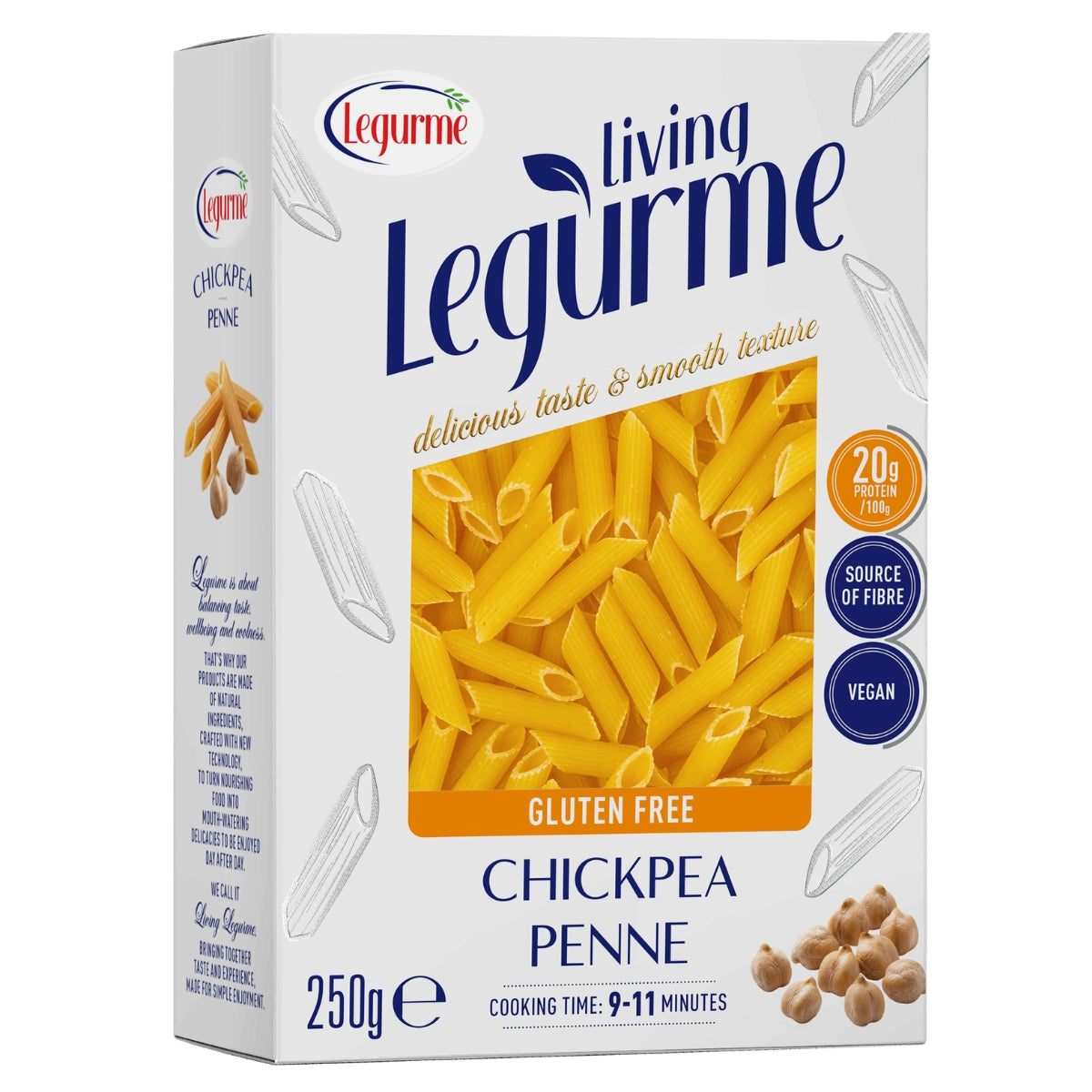 A 250g box of Legurme Living Legurme Chickpea Penne gluten-free pasta on a plain white background. The packaging is white with blue text, a central image of yellow penne pasta, and illustrations of chickpeas.