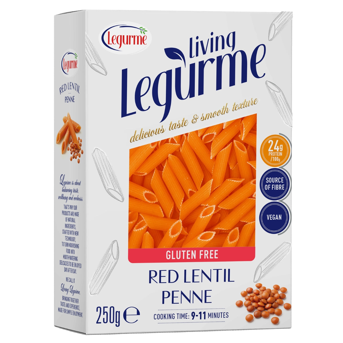 A 250g box of Legurme Living Red Lentil Penne pasta on a plain white background. The packaging is white with blue text, a central photo of orange-red lentils, and small red lentil seeds near the bottom.