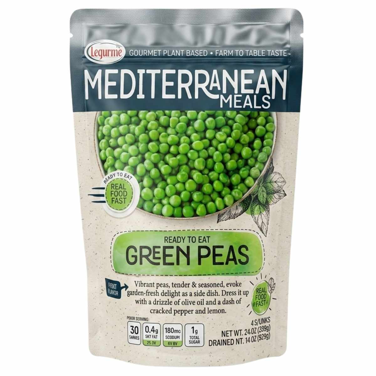 A 700g pack of Legurme Green Peas by Legurme, featuring an image of cooked peas and nutritional info on the front.