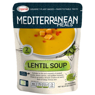 A 250ml pouch of Legurme Lentil Soup features protein-rich lentils in a ready-to-eat soup. The packaging displays a bowl of lentil soup with product details and nutritional info.