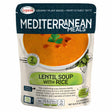 A pouch of Legurme - Lentil Soup With Rice (250ml), a tasty plant-based soup with Mediterranean flavor, features nutritional info and a bowl garnished with herbs on the front.