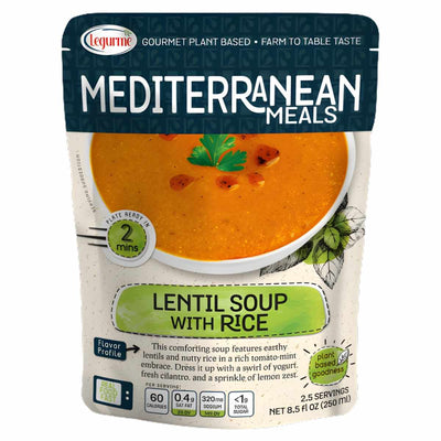A pouch of Legurme - Lentil Soup With Rice (250ml), a tasty plant-based soup with Mediterranean flavor, features nutritional info and a bowl garnished with herbs on the front.