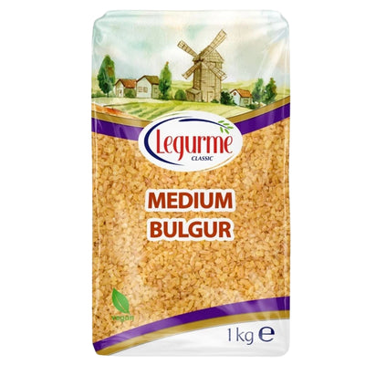 Clear plastic bag of Legurme - Medium Bulgur - 1Kg with an illustration of a windmill and farm at the top.