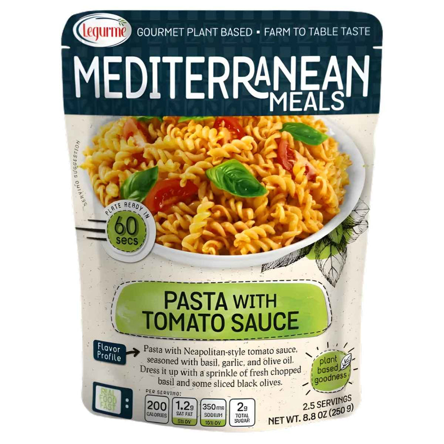 Legurme Pasta With Tomato Sauce (250g) is a plant-based, Neapolitan-style dish with basil, ready in 60 seconds.
