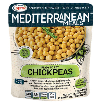 A 400g pack of Legurme Ready To Eat Chickpeas features plant-based protein, product details, nutrition facts, and an image of these nutritious chickpeas on the front.