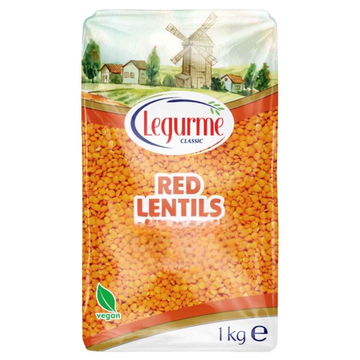 Bag of Legurme red lentils with a windmill and village scene on the packaging.