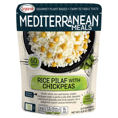 A 250g pack of Legurme Rice Pilaf With Chickpeas, shown in a black bowl, highlights plant-based claims and nutrition info.