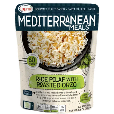 A 250g pack of Legurme Rice Pilaf With Roasted Orzo, showing product info and a photo of the ready-to-eat pilaf on the front.