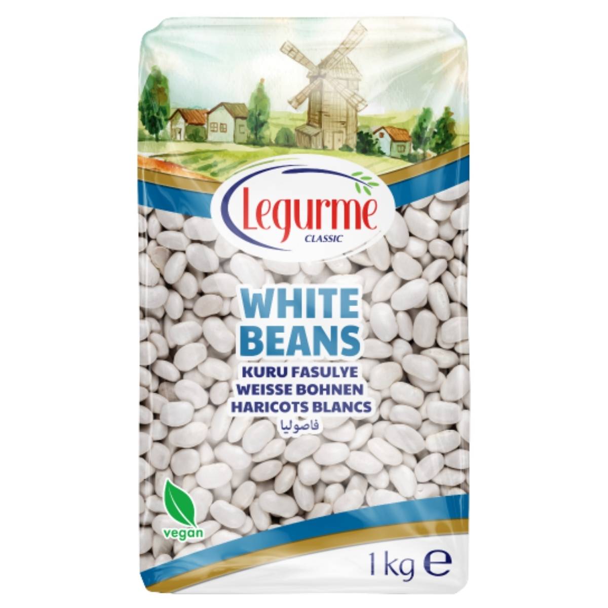 Legurme - White Beans - 1Kg: A 1 kg bag from Legurme, labeled vegan and multilingual, with classic packaging featuring a windmill and village illustration.