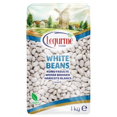 Legurme - White Beans - 1Kg: A 1 kg bag from Legurme, labeled vegan and multilingual, with classic packaging featuring a windmill and village illustration.