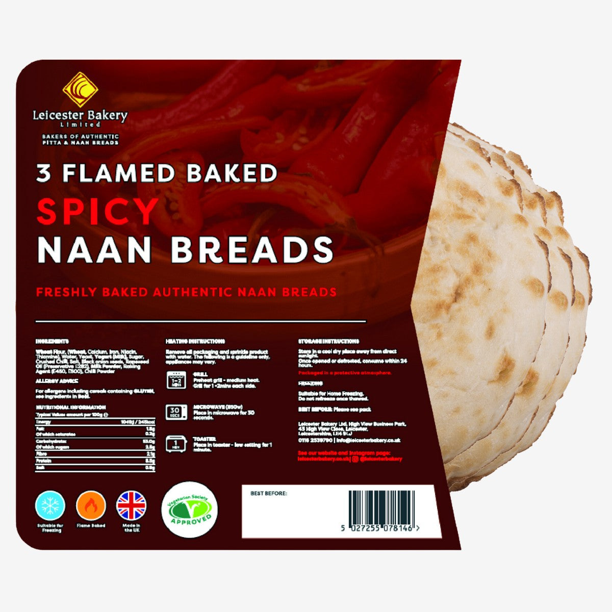 Packaging of 4 spicy naan breads from Leicester Bakery, featuring chili peppers and product details on the front.