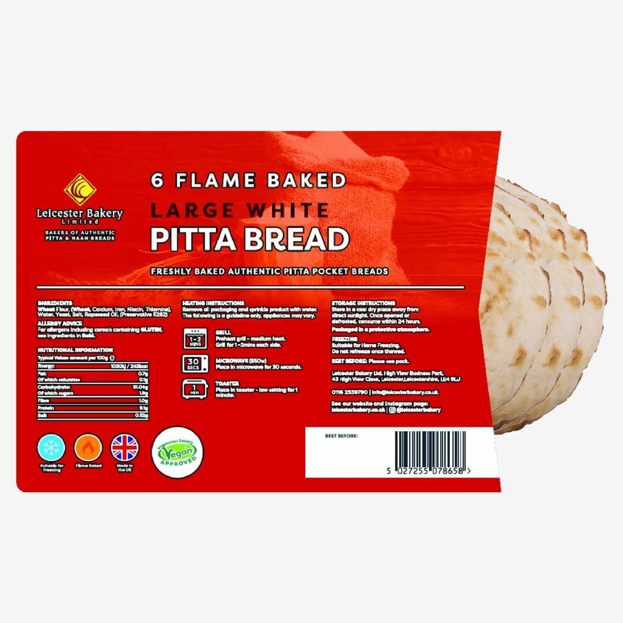 The Leicester Bakery - Large White Pitta Bread - 6 Pack features red packaging adorned with nutritional information and certification logos, and includes six flame-baked pitta breads.