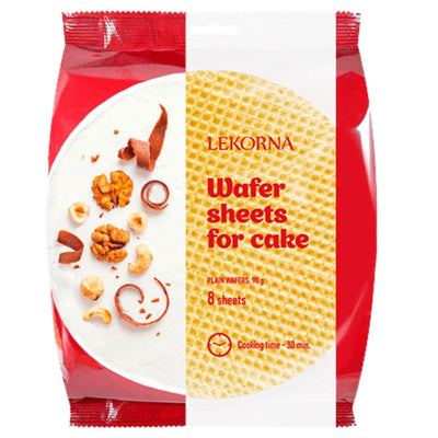 Lekorna - 8 Wafer Sheets for Cake (90g): Perfect for desserts and layered cakes, with decorative cake images on the packaging.
