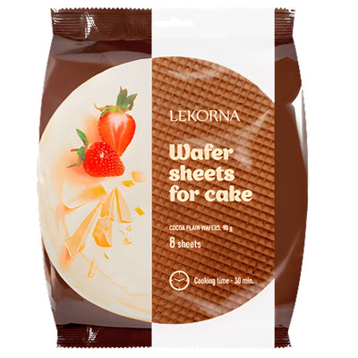 A 90g pack of Gullon Lekorna Cocoa Plain Wafers—ideal for cakes and European desserts. Contains 8 wafers, with an image of wafers and strawberries on the front.
