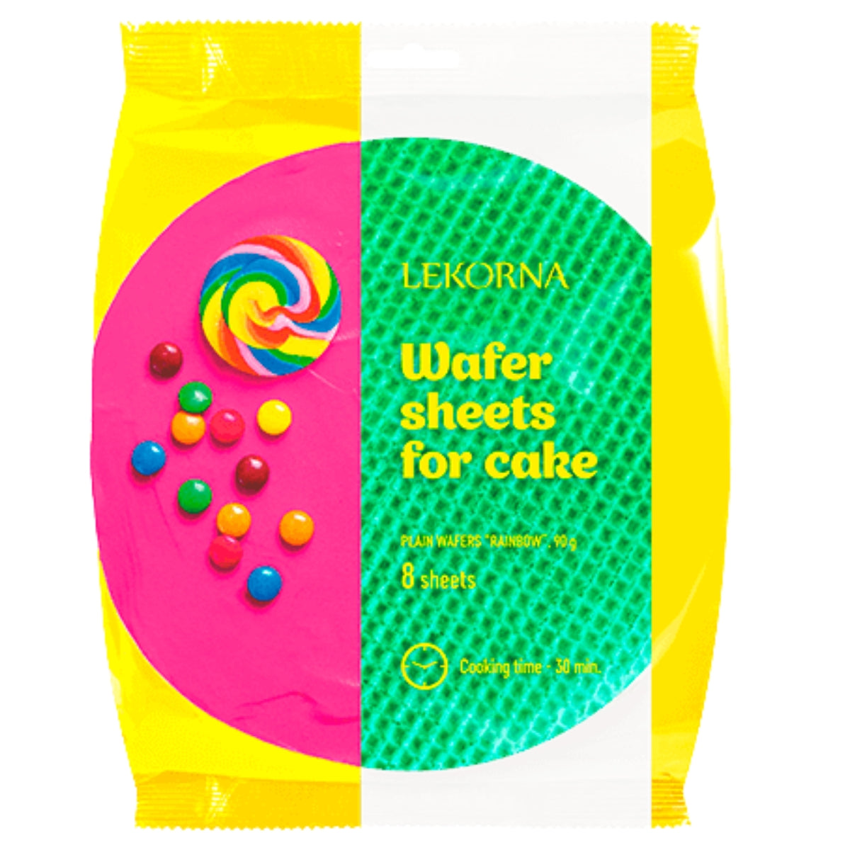 Lekorna - Rainbow Wafer Sheets for Cake, 90g pack, features 8 sheets with a vibrant rainbow design and colorful candy decorations on the packaging.