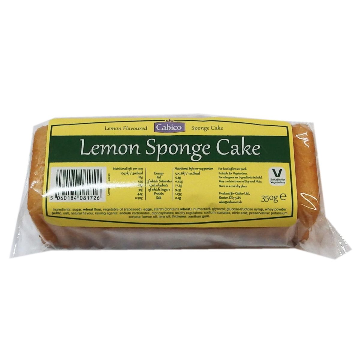 Cabico - Lemon Sponge Cake - 350g package that includes nutritional information and ingredients on the yellow label.