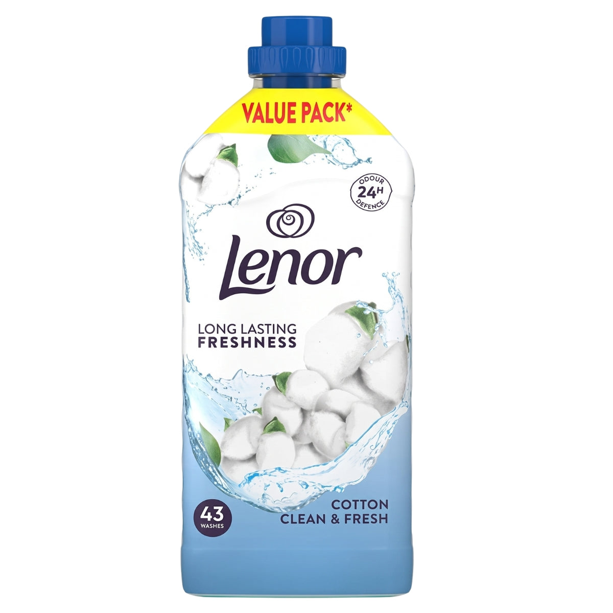 A 1.419L bottle of Lenor Cotton Clean & Fresh Fabric Conditioner, labeled as a value pack, featuring a blue cap and cotton imagery, provides up to 43 washes.