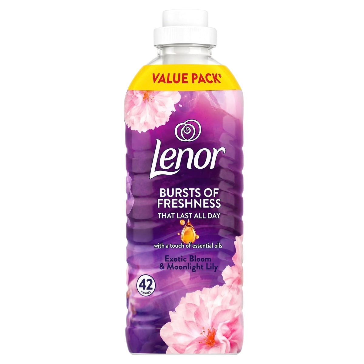 A 1.386L bottle of Lenor – Exotic Bloom & Moonlight Lily Fabric Conditioner (42 washes), featuring pink flowers on a purple label and a yellow “Value Pack” band.