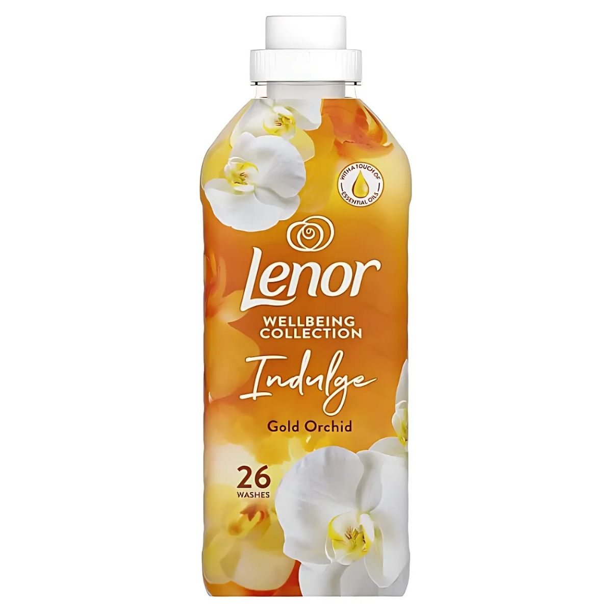 The Lenor Gold Orchid Fabric Conditioner, 858ml, from the Wellbeing Collection offers a long-lasting fragrance for 26 washes and features floral imagery.