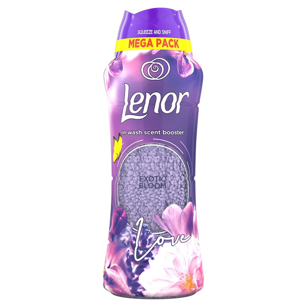 A bottle of Lenor - In Wash Scent Booster - 570g with flowers on it.