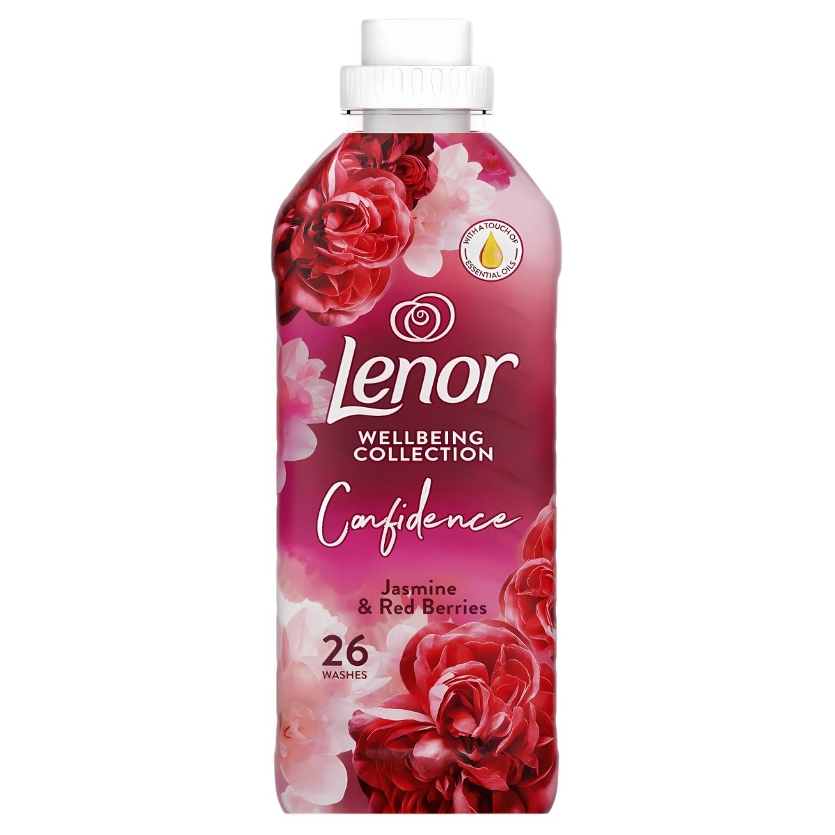 Revitalize your laundry with Lenor's Jasmine & Red Berries Fabric Conditioner. This 858ml bottle, part of the Wellbeing Collection, offers a perfect Confidence scent blending jasmine and red berries for up to 26 washes.