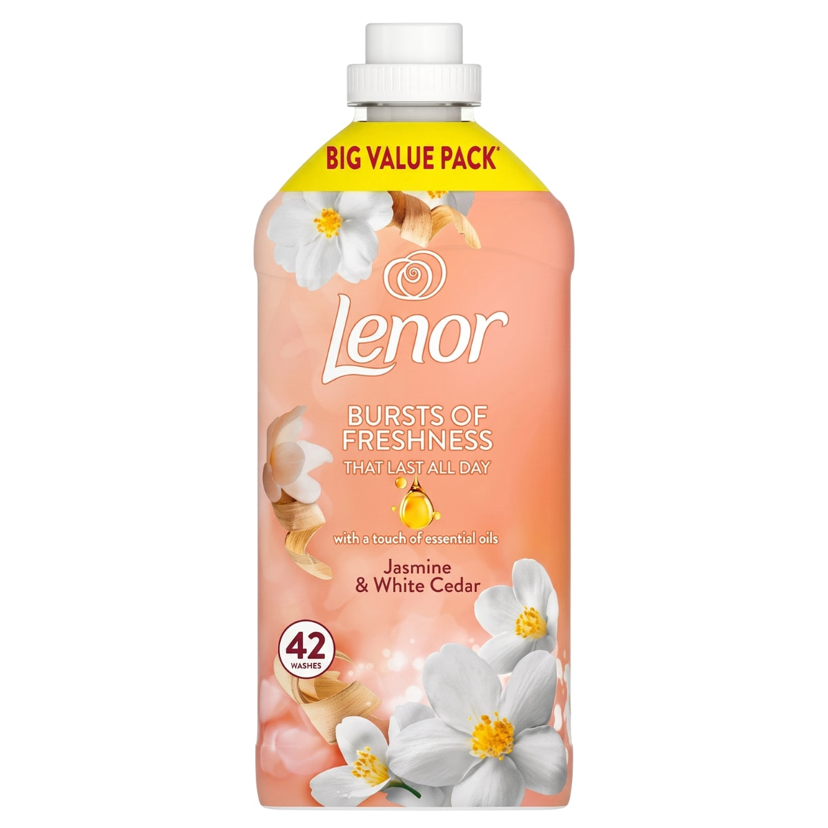 A peach-colored bottle of Lenor Jasmine & White Cedar Fabric Conditioner (1.386L, 42 washes) features white flowers on the label and is labeled as a big value pack.