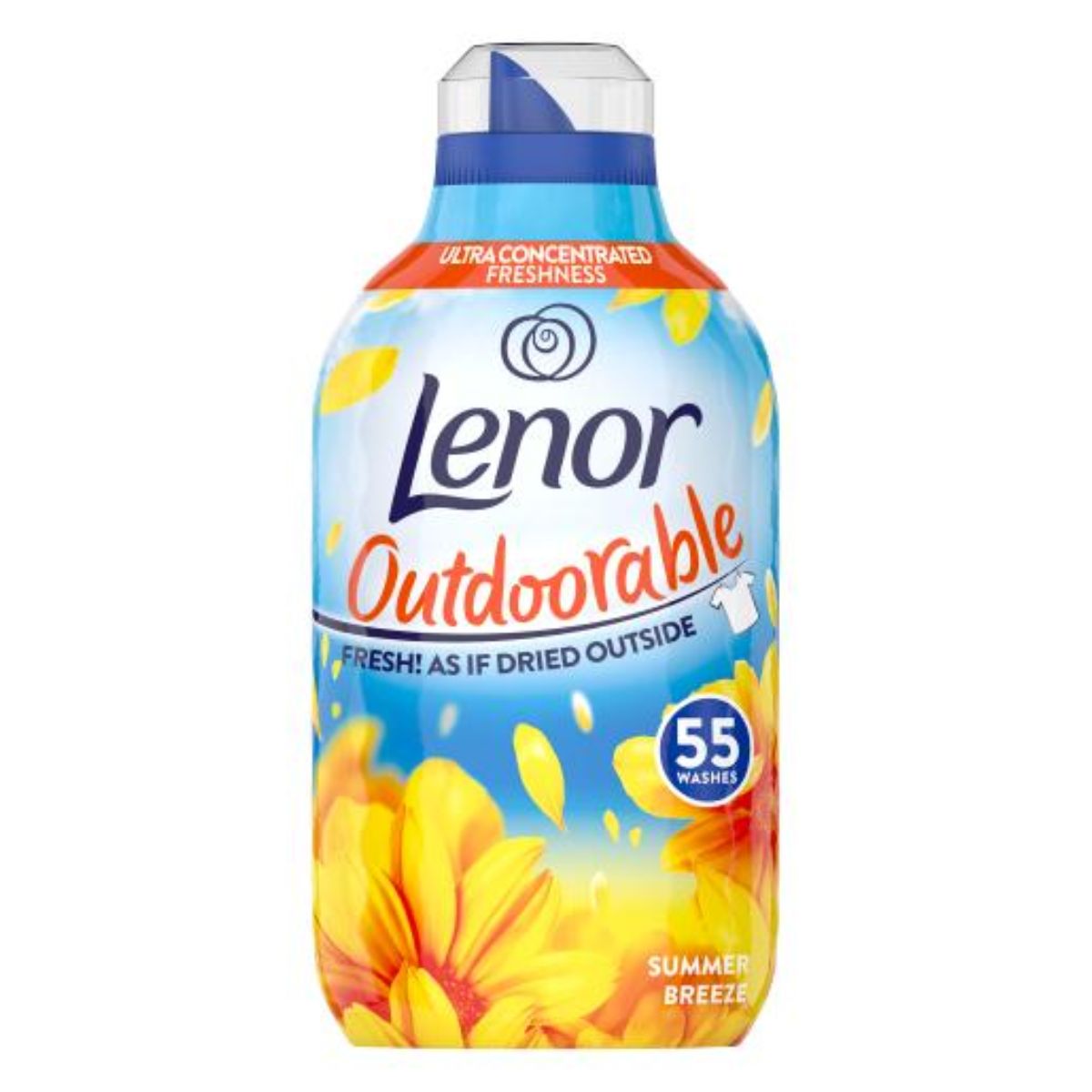 A bottle of Lenor - Outdoorable Fabric Conditioner Summer Breeze, claiming to offer the freshness of outdoor drying.