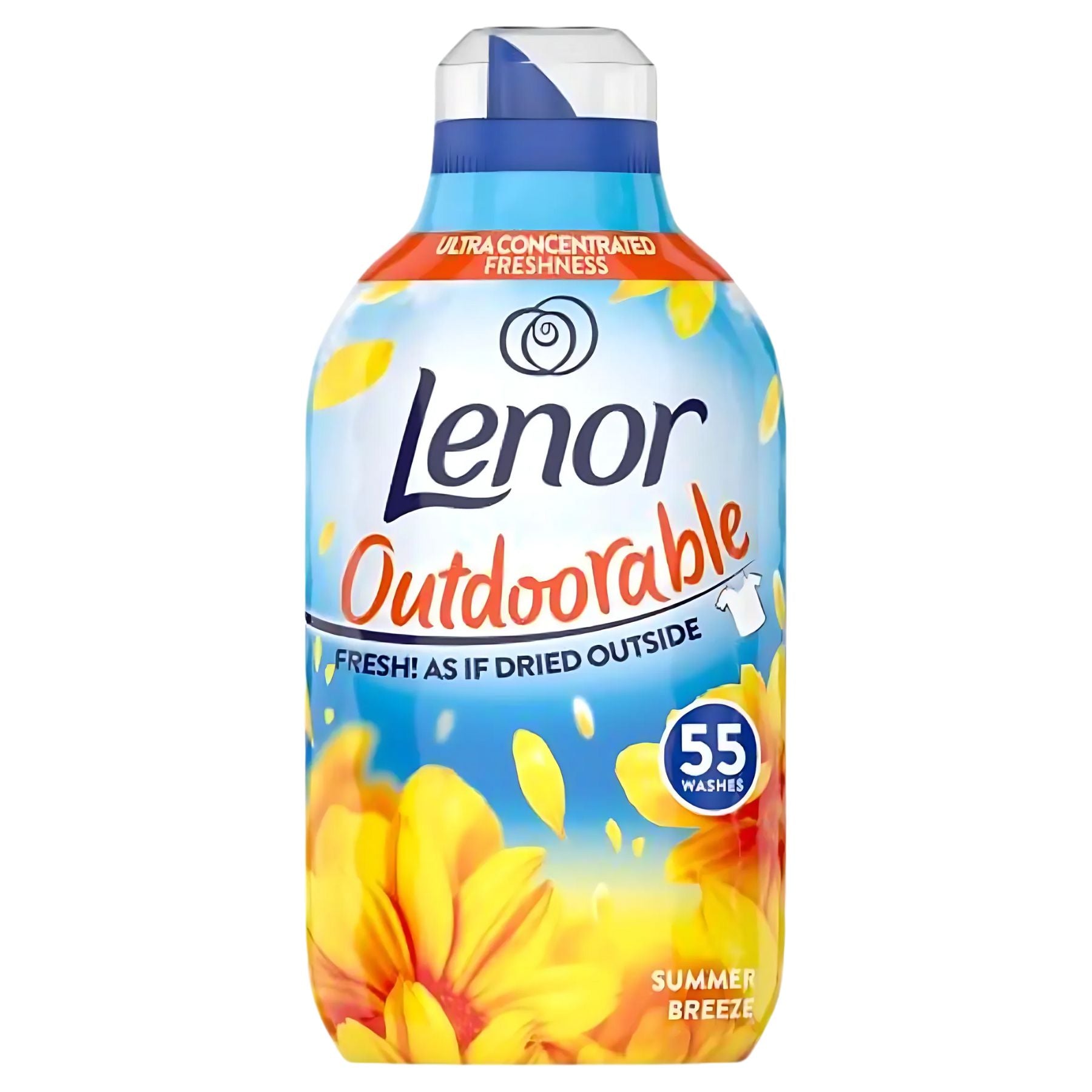 Lenor - Outdoorable Fabric Conditioner Summer Breeze offers 55 washes with "fresh as if dried outside" scent; the label features yellow flowers for a summery look.