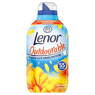 Lenor - Outdoorable Fabric Conditioner Summer Breeze offers 55 washes with "fresh as if dried outside" scent; the label features yellow flowers for a summery look.