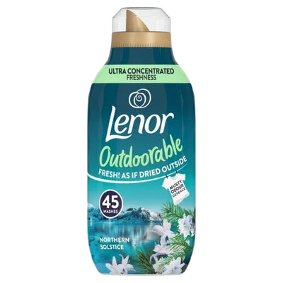 A 630ml bottle of Lenor - Outdoorable Northern Solstice Fabric Conditioner features a label with white flowers and mountain imagery, stating “45 washes” and “Fresh! As if dried outside.” Formulated with cationic surfactants and a hint of bergamia peel oil, this Lenor fabric conditioner leaves laundry luxuriously soft and refreshingly fresh.