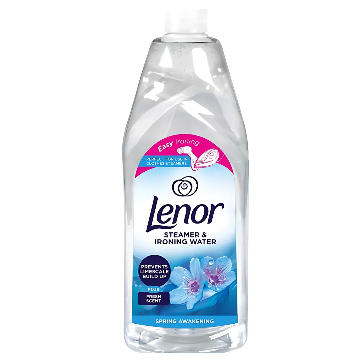 A 1L bottle of Lenor - Spring Awakening Steamer & Ironing Water with labels for easy ironing and prevention of limescale build-up.