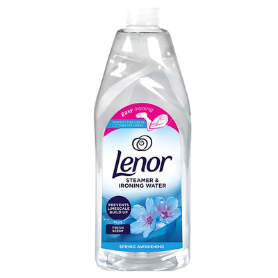 A 1L bottle of Lenor - Spring Awakening Steamer & Ironing Water with labels for easy ironing and prevention of limescale build-up.