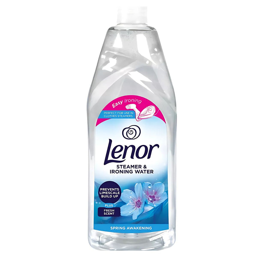 A 1L bottle of Lenor - Spring Awakening Steamer & Ironing Water with labels for easy ironing and prevention of limescale build-up.
